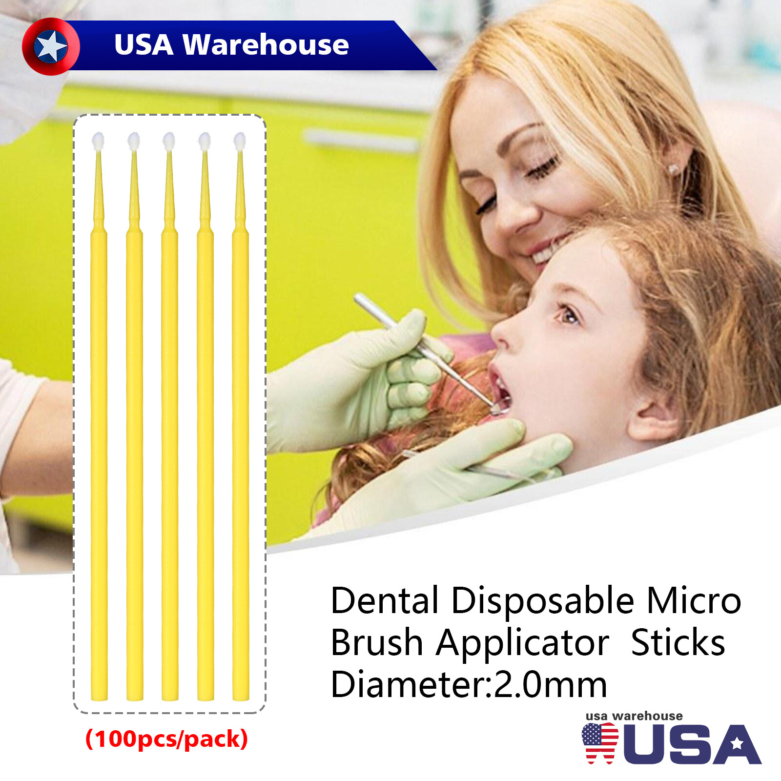 100*Dental Micro Brush Disposable Eyelash Medium Tooth Applicator Yellow2.0mm sl