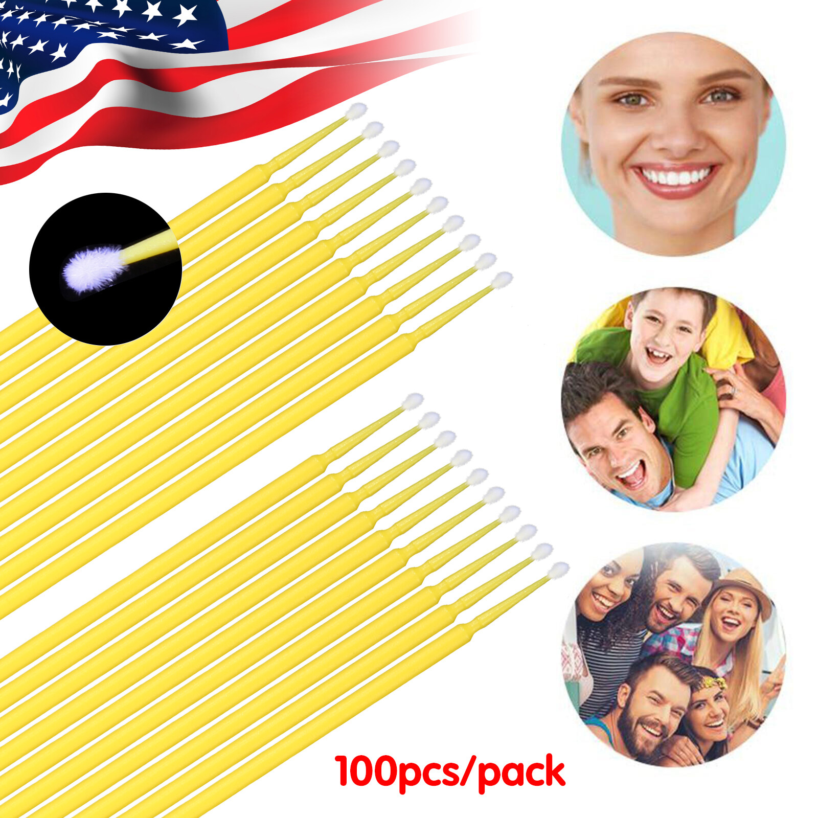 100*Dental Micro Brush Disposable Eyelash Medium Tooth Applicator Yellow2.0mm sl