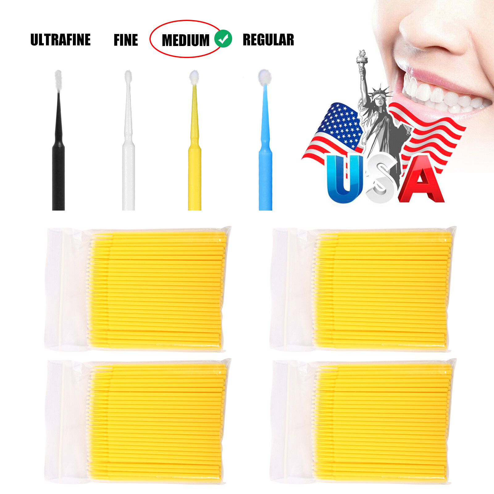 100 Pcs Yellow Dental Micro Brush Disposable Materials Tooth Applicators 2.0mm