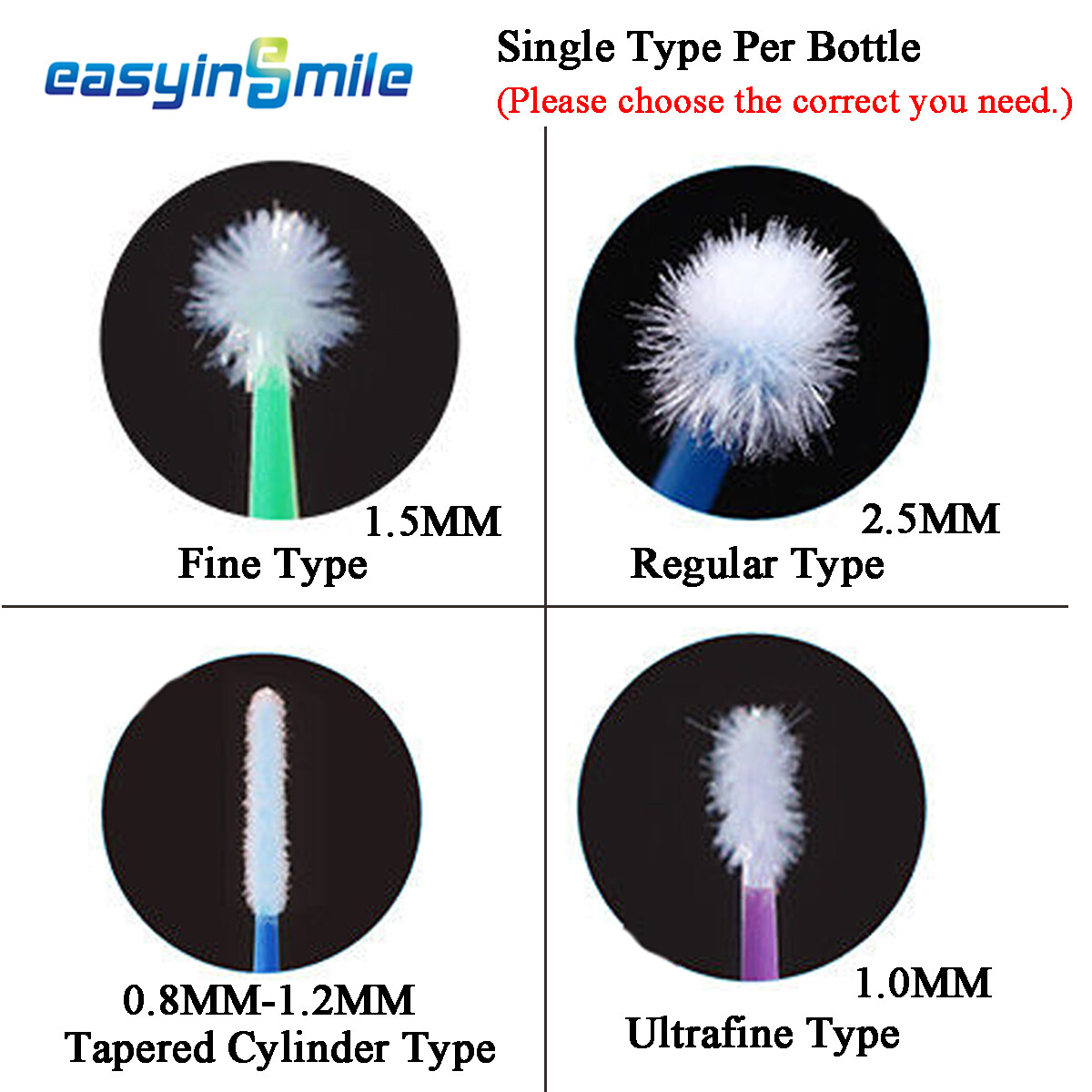 100pc Dental EASYINSMILE Disposable MICRO Brush APPLICATOR 0.8-1.2/1.0/1.5/2.5mm