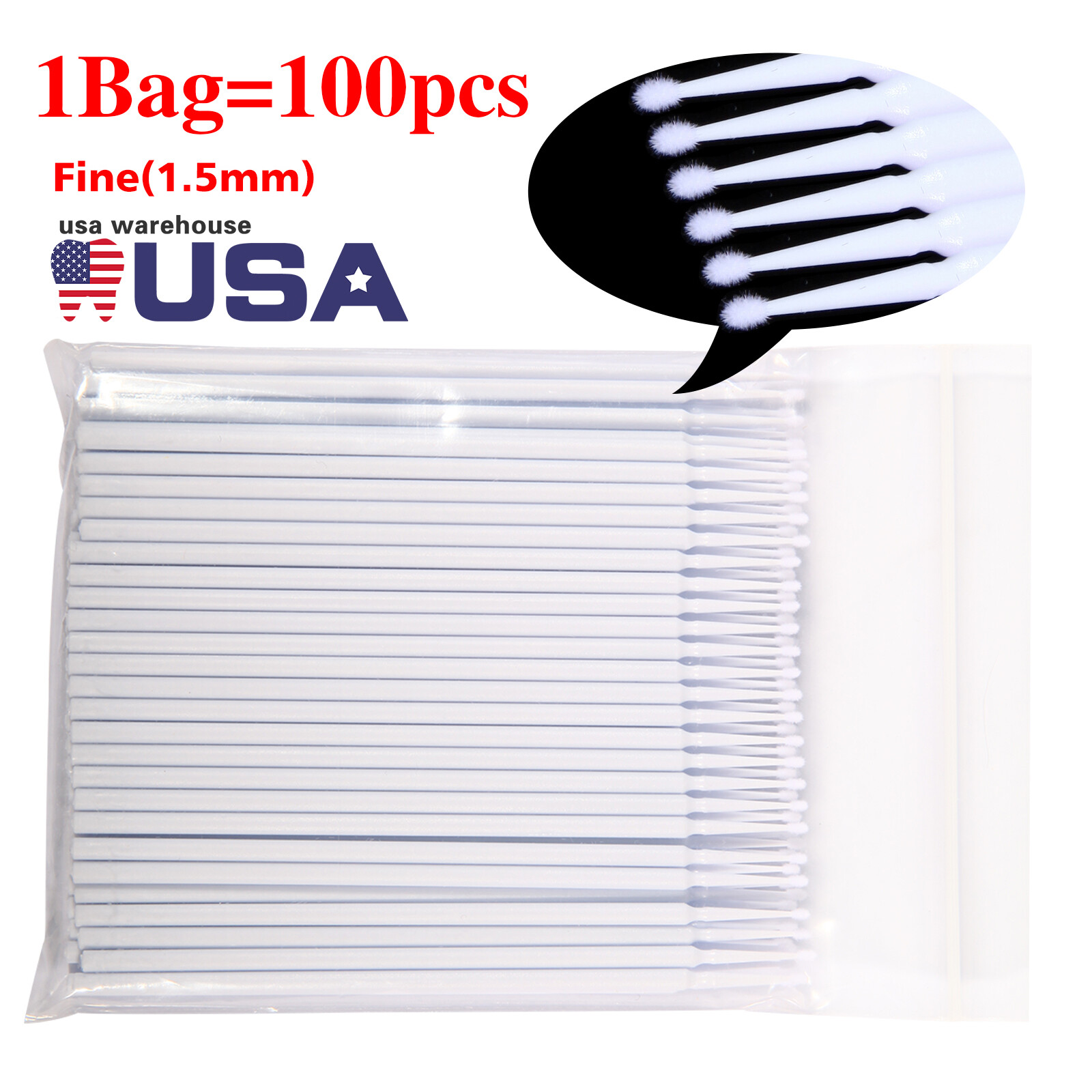 USA Micro Brushes Applicators Microbrush Dental Eye Fine 1.5mm White 100pcs/pack