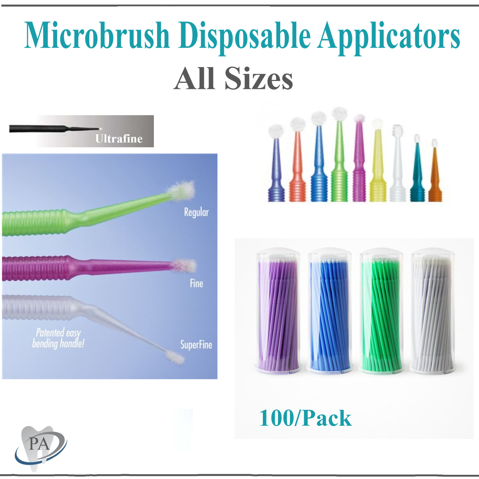 Dental Microbrush Micro Brush Applicator Tips 2.0mm, 1.5mm, 1.0mm, 0.5mm, 100/Pk